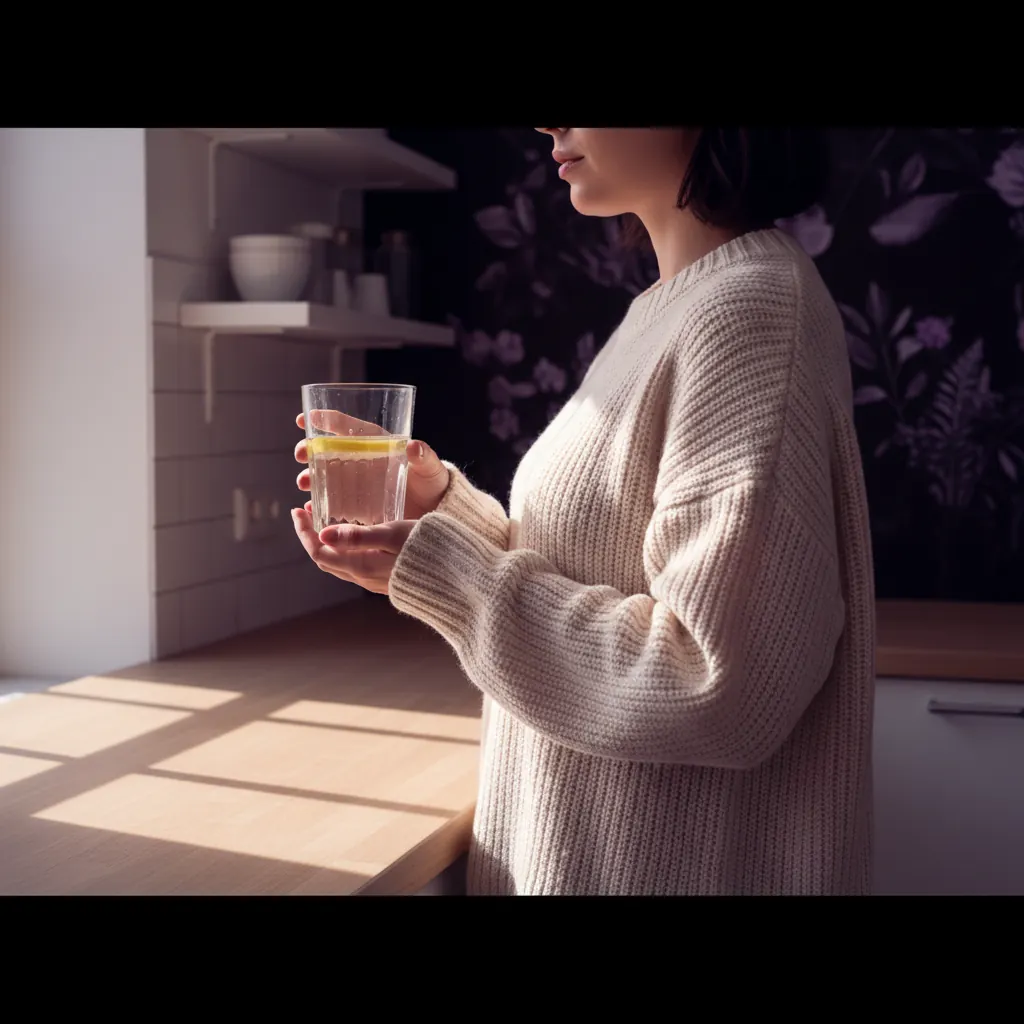 Vrouw van opzij bekeken in moderne keuken met glas water met citroen